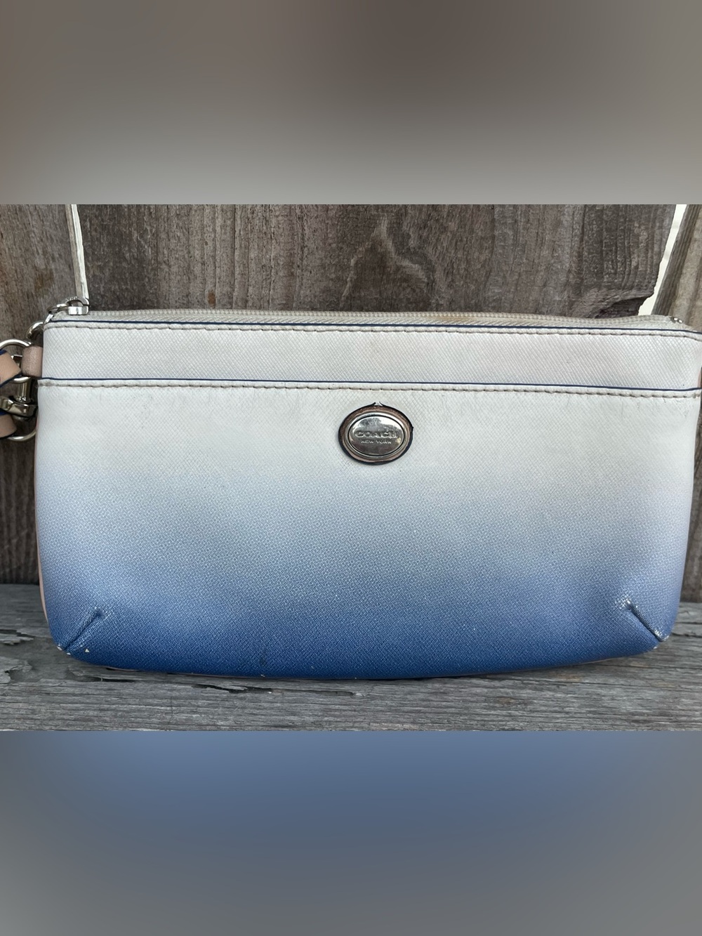 Coach Peyton Ombre Blue White Saffiano Leather Wristlet Wallet Zip Around